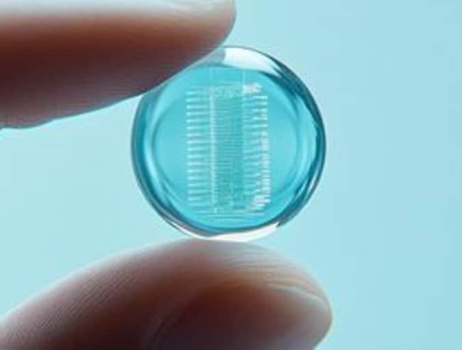 Zwei Finger halten eine intelligente Kontaktlinse mit eingebetteter digitaler Benutzeroberfläche