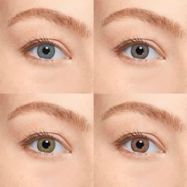 Montage aus vier identischen Bildern, die ein Auge mit unterschiedlichen natürlich wirkenden Farblinsen zeigen