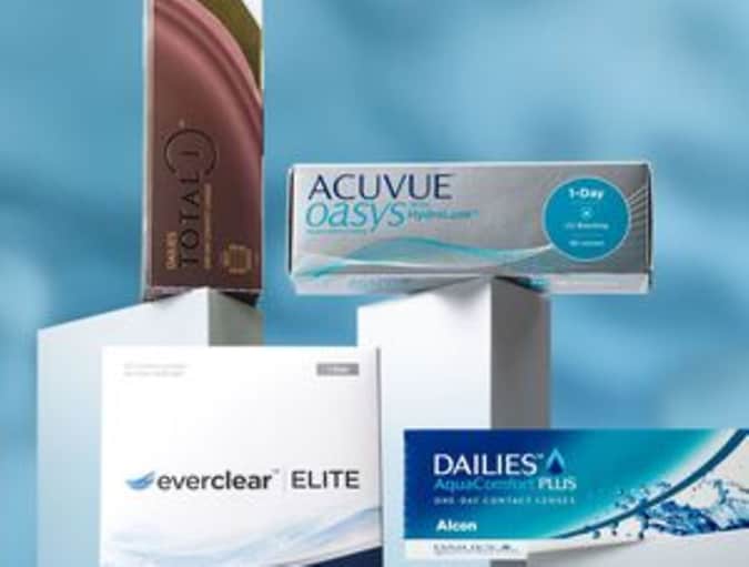 Tageslinsen-Packungen: everclear ELITE, Dailies Total 1, Acuvue oasys und Dailies Aquacomfort Plus