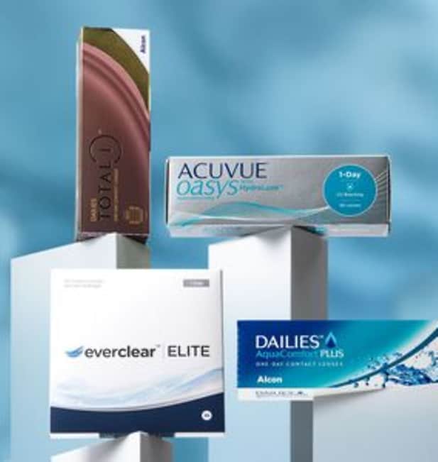 Tageslinsen-Packungen: everclear ELITE, Dailies Total 1, Acuvue oasys und Dailies Aquacomfort Plus