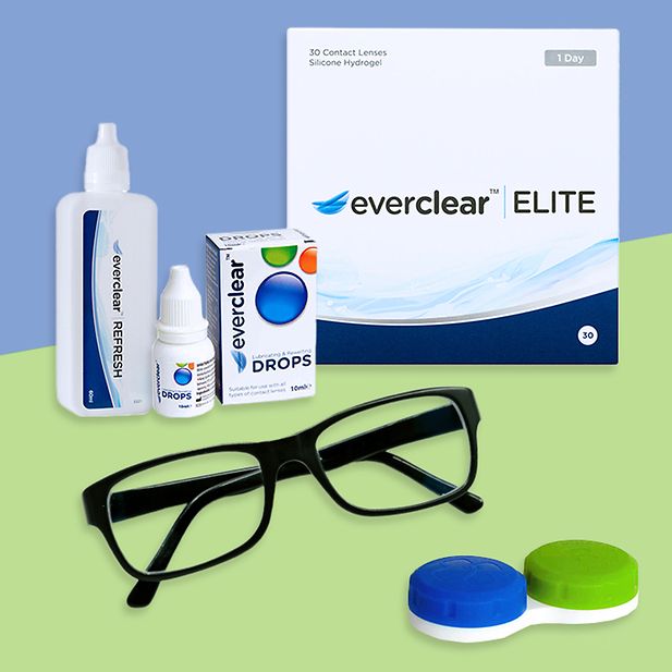 everclear Kontaktlinsenflüssigkeit, everclear Augentropfen, everclear ELITE Tageslinsen, Brillen und ein Linsenbehälter