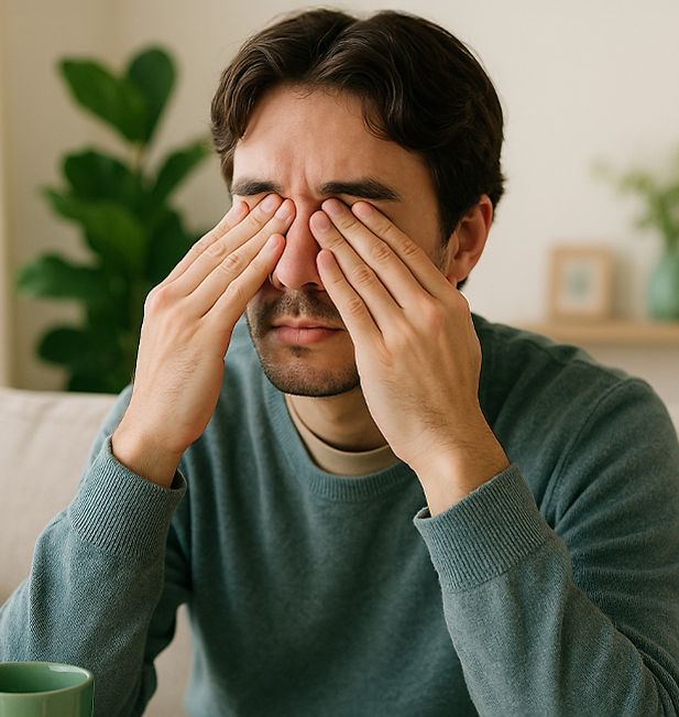 man rubs his eyes
