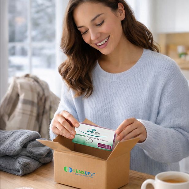 Frau freut sich ihre neue Packung Kontaktlinsen zu öffnen