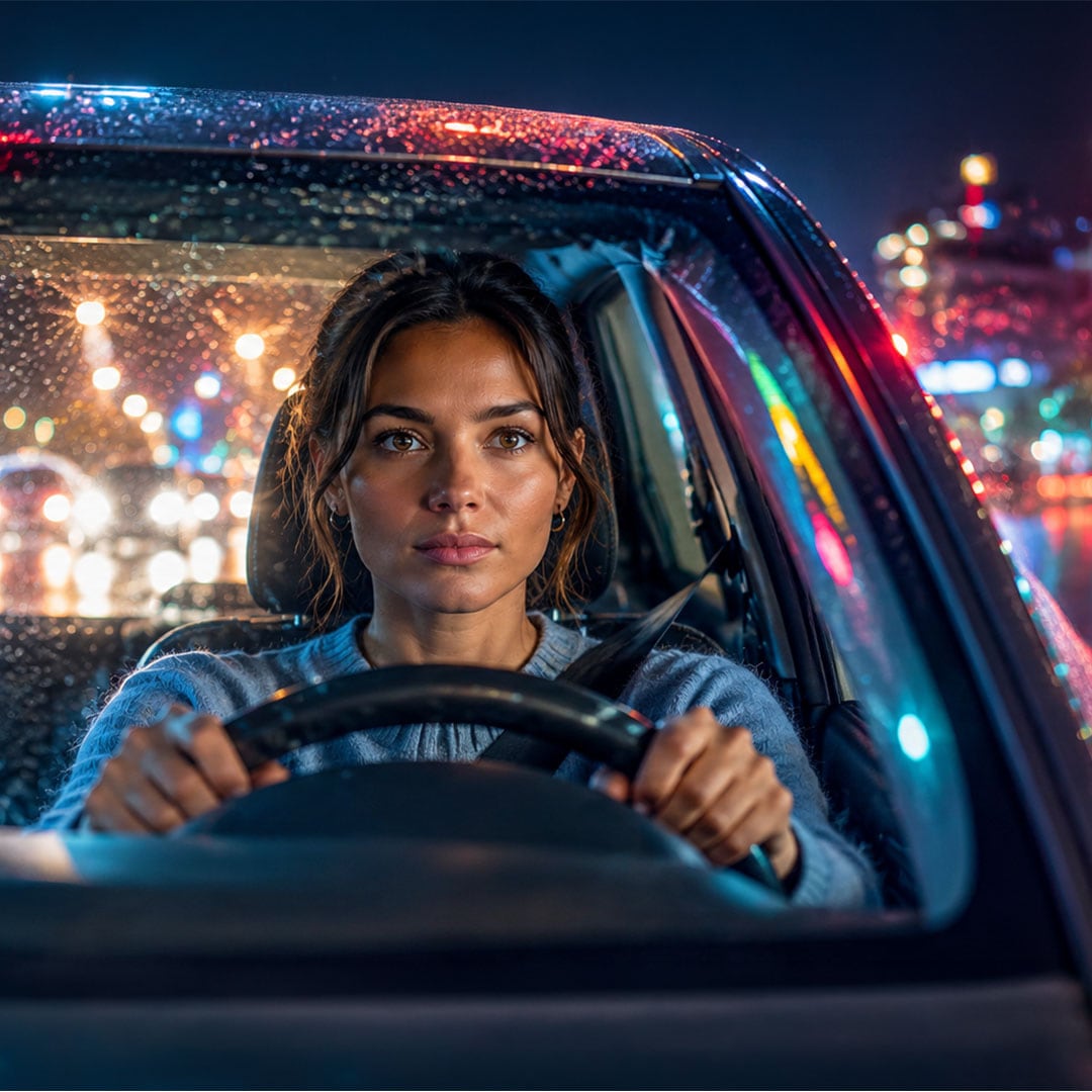 Frau fährt Nachts Auto