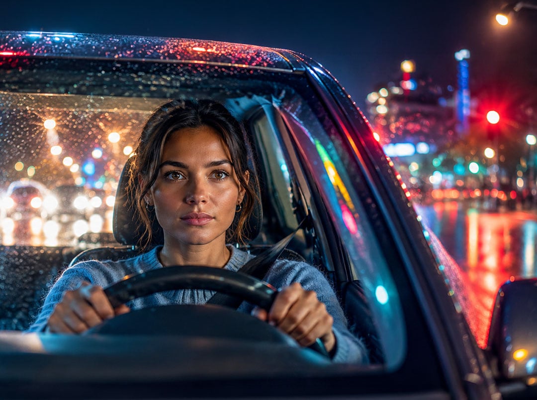 Frau fährt Nachts Auto